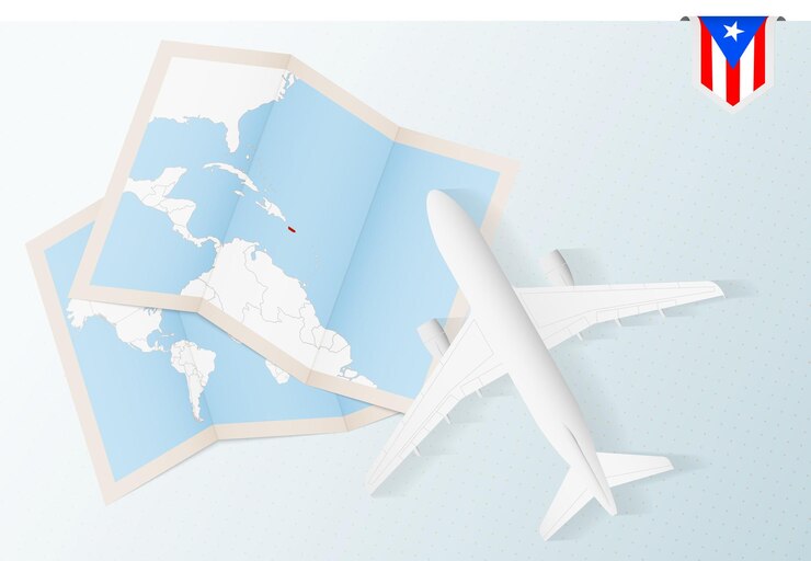 Vector viaje a puerto rico, avión de vista superior con mapa y bandera de puerto rico.