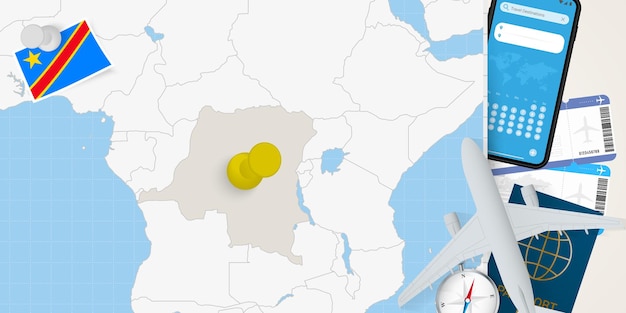 Viaje a la República Democrática del Congo mapa conceptual con alfiler en el mapa de la República Socialista del Congo
