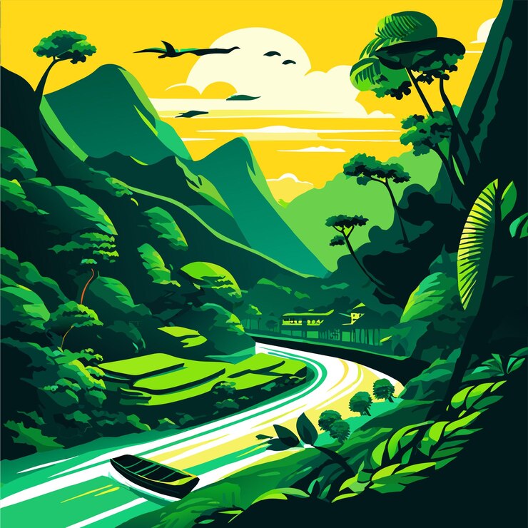 Vector viaje por el río por la mañana ilustración vectorial verde asiática escénica