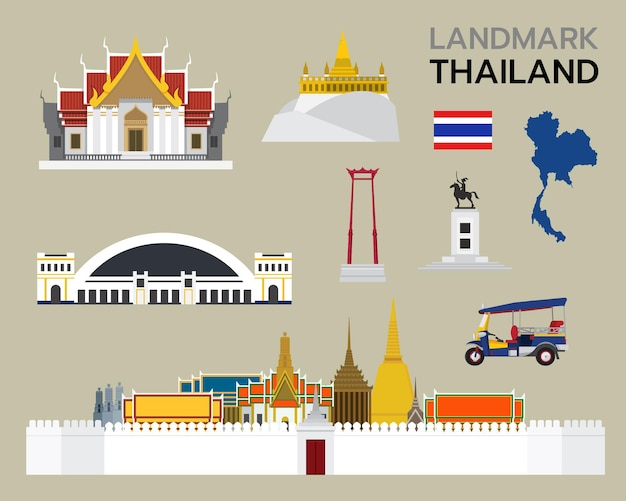 Viaje a Tailandia conjunto de iconos planos Siam elemento mapa de iconos y puntos de referencia símbolos y colección de objetos