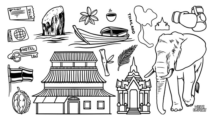 Viaje a Tailandia doodle set iconos Dibujo a mano boceto de objetos Velero elefante y pagoda antigua destino Edificio arquitectónico en el este de asia