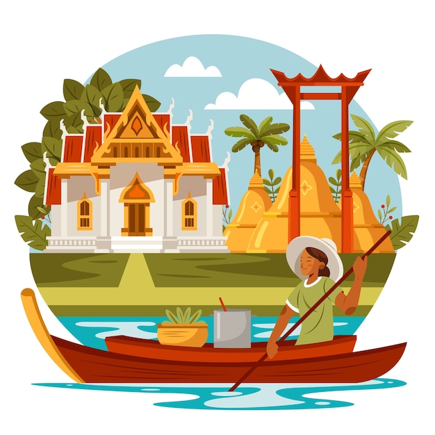 Viaje en Tailandia ilustración en diseño plano