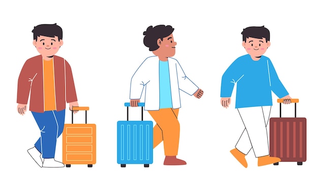Viaje de vacaciones hombre llevar maleta bolsa de viaje sosteniendo maleta equipaje esperando en línea