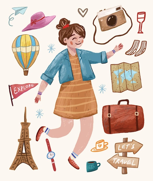 Vector viaje de vacaciones de mujer, senderismo y mochilero elementos decorativos de diseño.