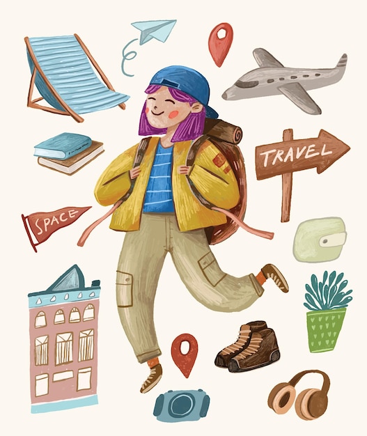 Vector viaje de vacaciones de mujer, senderismo y mochilero elementos decorativos de diseño.