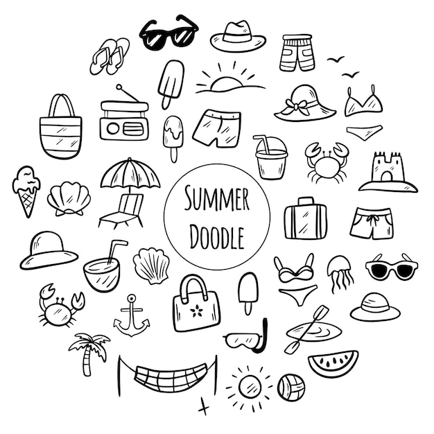 Un viaje de verano emocionante y vibrante Colección de íconos divertidos Elementos de garabateo de vacaciones