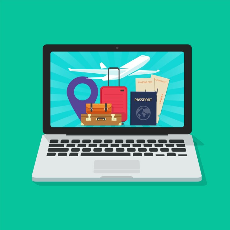 Vector viaje de viaje en línea en computadora o vuelo de vocación de viaje en caricatura plana de concepto de pantalla de computadora portátil