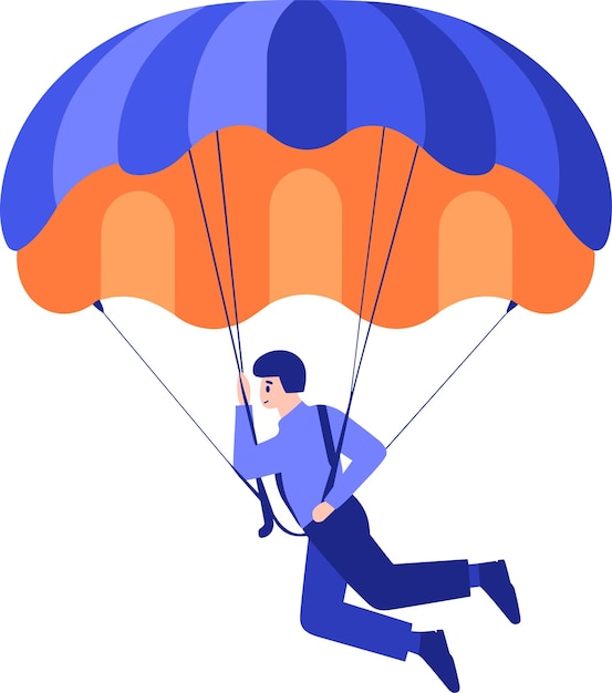 Viajero aventurero dibujado a mano lanzándose en paracaídas desde el cielo en estilo plano aislado en el fondo