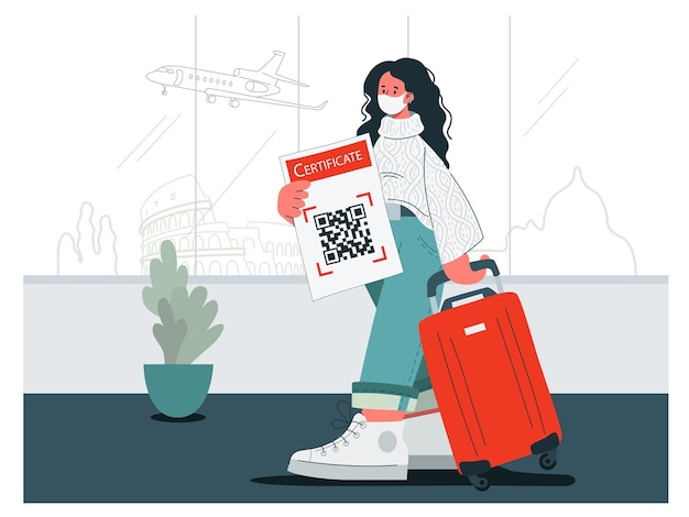 El Viajero Enmascarado con equipaje caminando con el código QR en el aeropuerto. ilustración vectorial