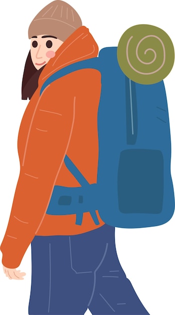 Viajero femenino con mochila Viaje turístico Personaje Ilustración Arte gráfico de dibujos animados
