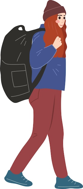Viajero femenino con mochila Viaje turístico Personaje Ilustración Arte gráfico de dibujos animados