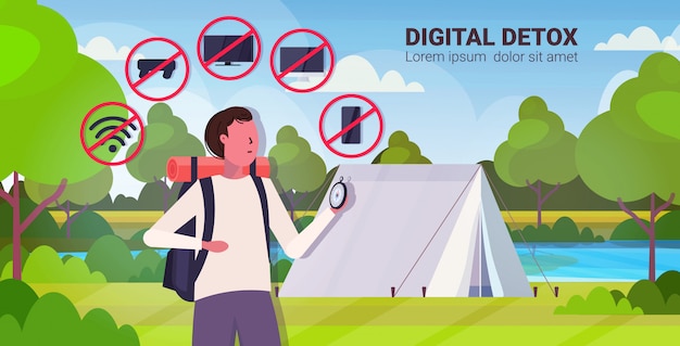 Viajero con mochila con brújula gadgets en rojo señales de prohibición concepto de desintoxicación digital