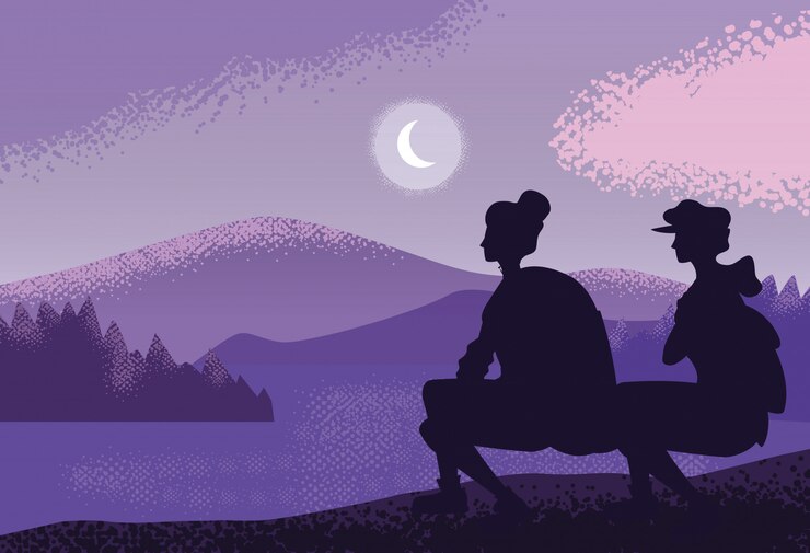 Vector viajero de pareja en paisaje naturaleza púrpura