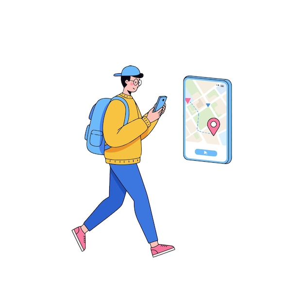 Viajero que utiliza la aplicación de navegación GPS del teléfono para las direcciones a pie