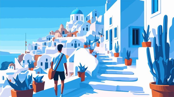 Vector un viajero de santorini paseando por un encantador callejón estrecho
