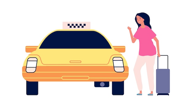 Vector viajero y taxi. camino al aeropuerto, mujer joven con maleta en coche amarillo. carácter de vector de turismo femenino aislado. transporte en taxi, camino al aeropuerto, ilustración.