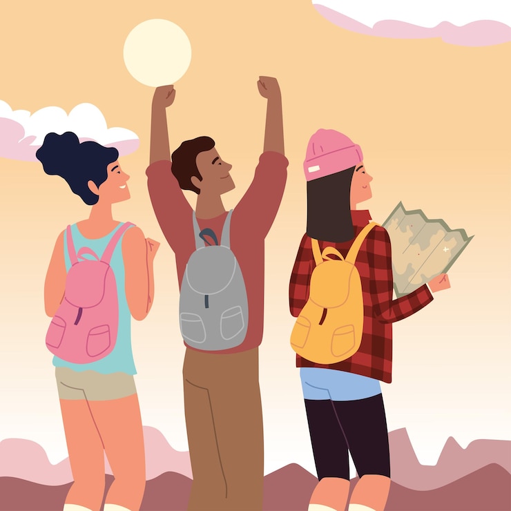 Vector viajeros, personas, mapa, aventura, exploración