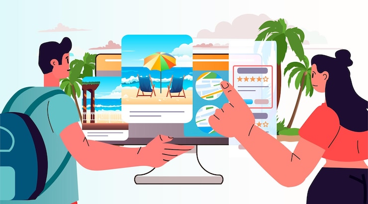 Vector viajeros que eligen y exploran guías de destino y consejos de viaje sobre el concepto de viaje del monitor