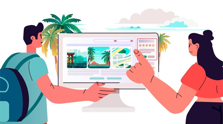 Vector viajeros que eligen y exploran guías de destino y consejos de viaje sobre el concepto de viaje de teléfonos inteligentes