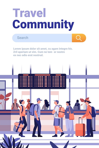 Viajeros en la terminal del aeropuerto con bolsillo de información de vuelo de equipaje personas caminando y hablando plantas interiores modernas colores vibrantes