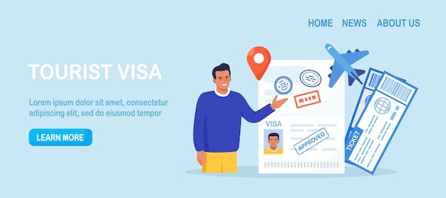 Vector viajes al extranjero vacaciones internacionales o procedimiento de emigración pasaporte abierto con sellos de visa válidos hombre feliz obteniendo documento para salir del país oferta de viaje de vacaciones concepto de viaje y turismo