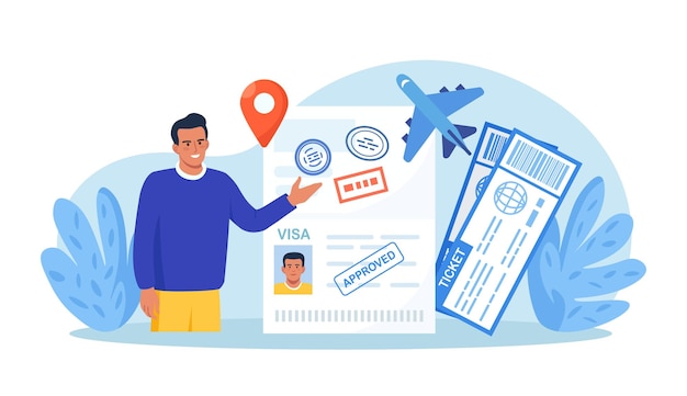Viajes al extranjero Vacaciones internacionales o procedimiento de emigración Pasaporte abierto con sellos de visa válidos Hombre feliz obteniendo documento para salir del país Oferta de viaje de vacaciones Concepto de viaje y turismo