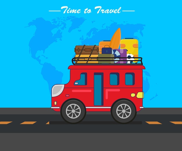 Viajes en autobús Viajes y Turismo diseño plano Vector Ilustración