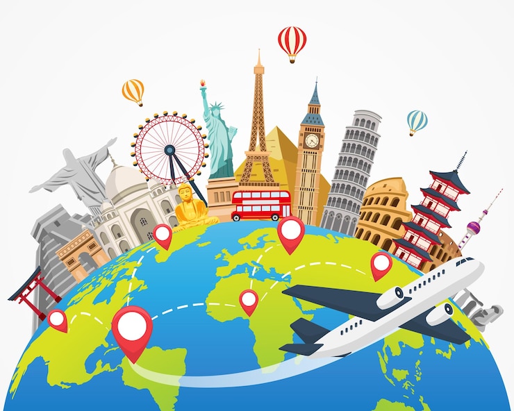 Vector viajes en avión y puntos de referencia mundo en fondo blanco tiempo para viajar estandarte concepto de viaje turístico