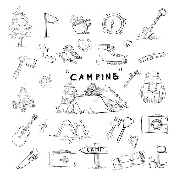Vector viajes de campamento de verano al aire libre signo de icono símbolo boceto ilustración vectorial conjunto tiendas de campaña naturaleza al aire libre