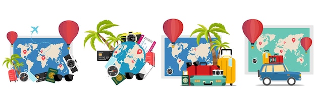 Viajes Cartel de verano o conjunto de pancartas Vector turismo y turista Vuelo o viaje en automóvil y viaje ilustración vacaciones vacaciones