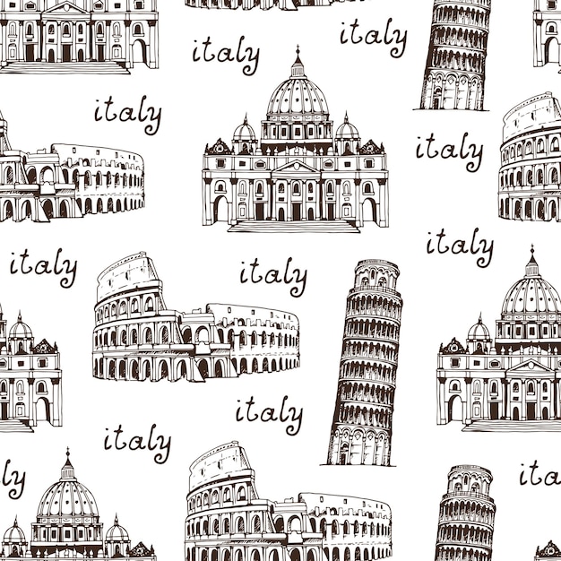 Viajes dibujado a mano patrón sin costuras con lugares famosos de Roma Vaticano Italia