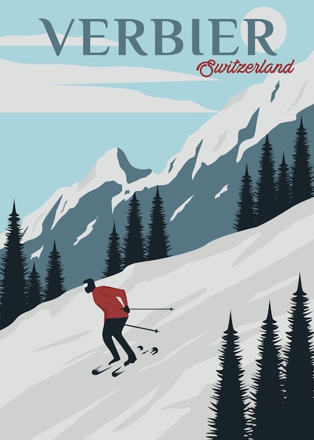 viajes de esquí en verbier cartel diseño de ilustración vectorial vintage parque nacional en suiza cartel