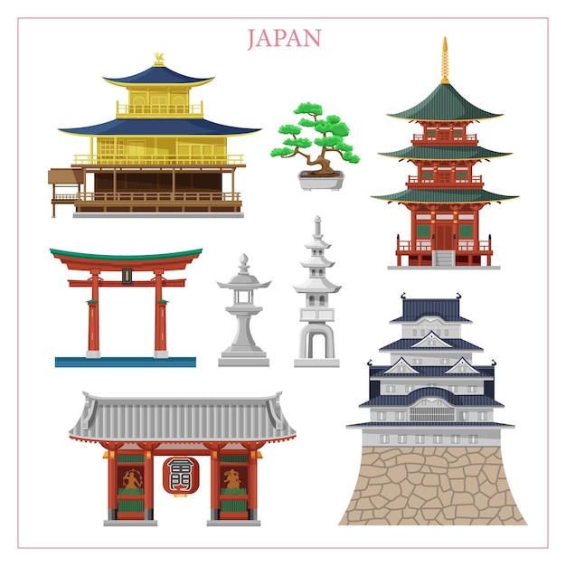 Viajes famosos de Japón, santuario, castillo, templo. Ilustración de la ciudad de Tokio.