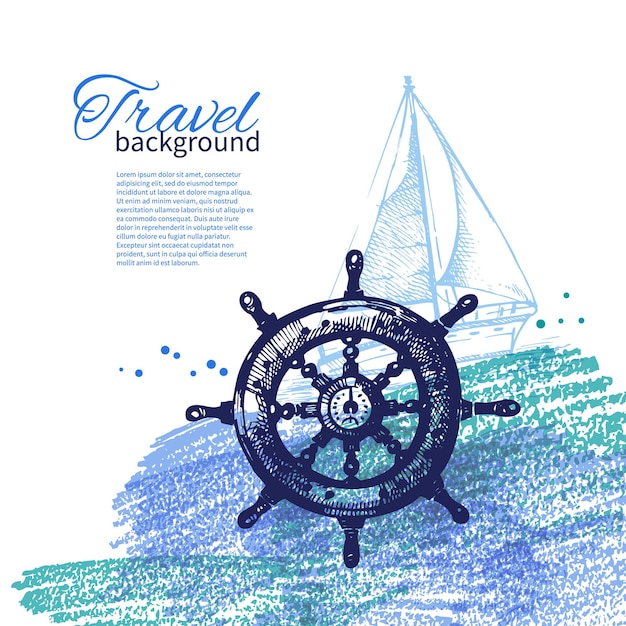 Viajes fondo vintage. diseño náutico del mar. bocetos dibujados a mano e ilustraciones en acuarela