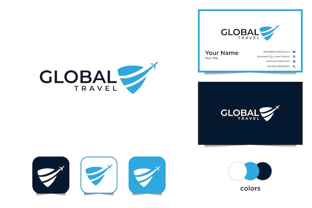 Viajes globales modernos con logotipo de avión y tarjeta de visita.