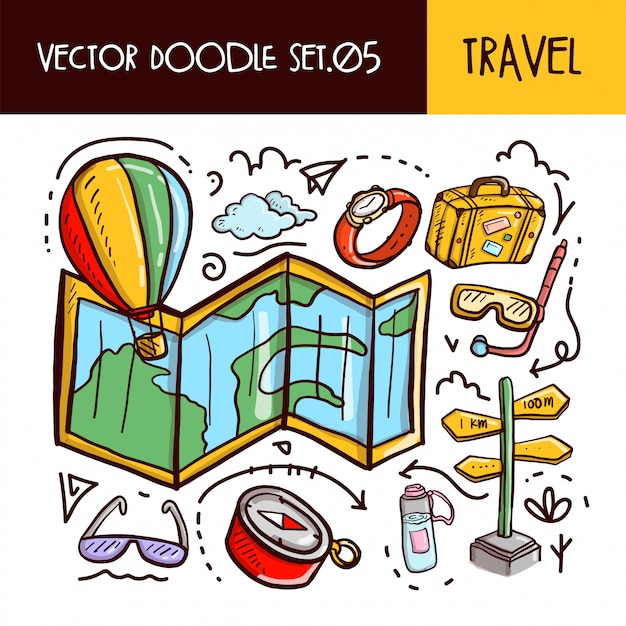 Vector viajes icono de garabatos. conjunto de ilustración vectorial