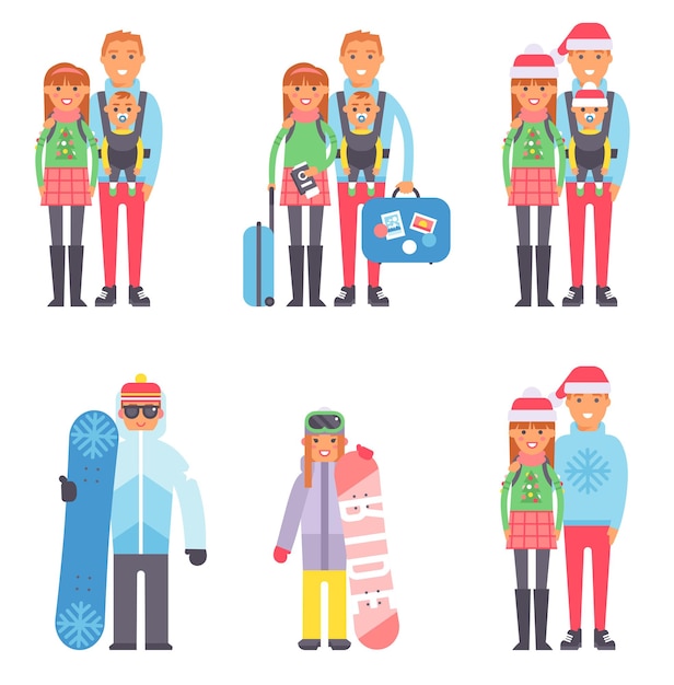 Viajes invierno vacaciones tiempo personas parejas ilustración vectorial