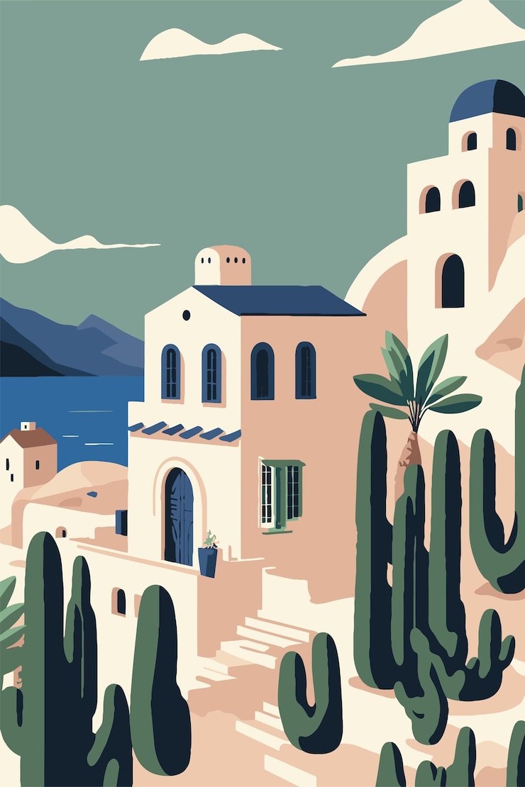 Vector viajes a la isla de santorini fondo de ilustración de color plano vectorial