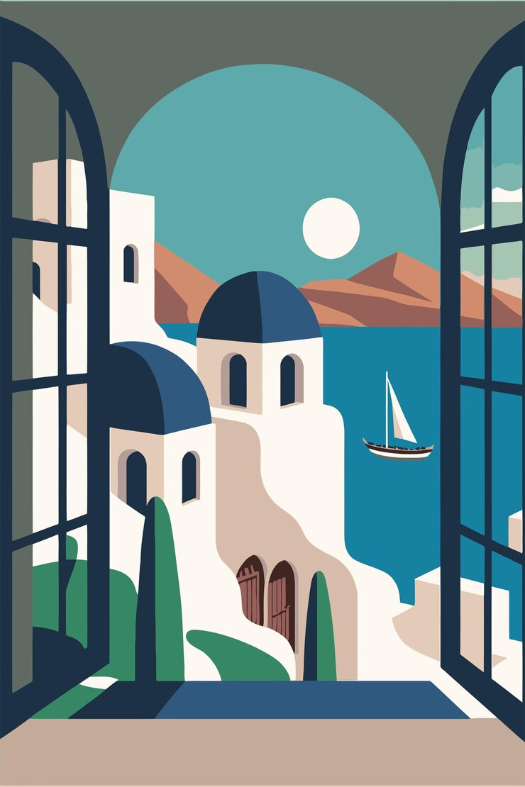 Vector viajes a la isla de santorini fondo de ilustración de color plano vectorial