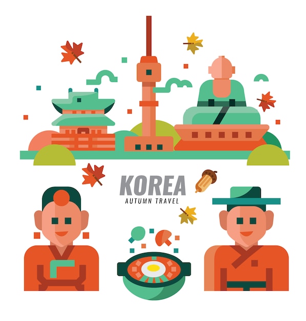 Viajes de otoño de Corea del Sur. Diseño plano. ilustración vectorial