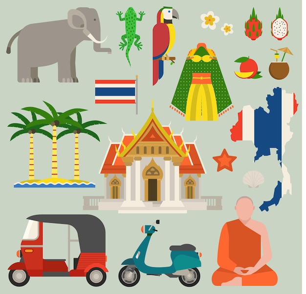 Viajes tailandia iconos planos diseño ilustración vectorial. Arquitectura de mundo de viajes de tailandia de la cultura de Bangkok. Paisaje de vacaciones asiáticas mapa tailandés tailandia viajes concepto viaje iconos