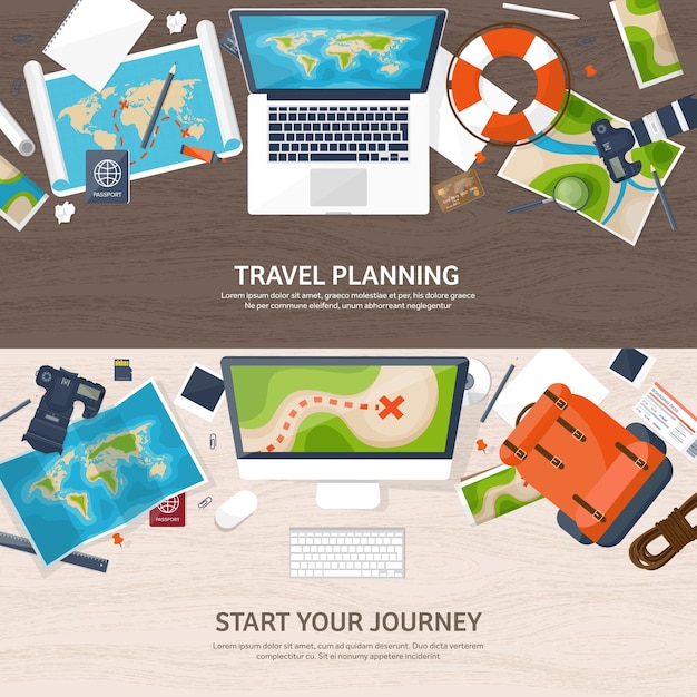 Viajes y turismo estilo plano ilustración vectorial mapa mundial de la tierra y viaje en globo viaje verano