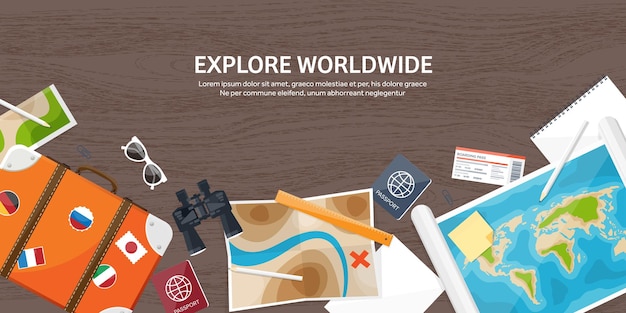 Viajes y turismo estilo plano ilustración vectorial mapa mundial de la tierra y viaje en globo viaje verano