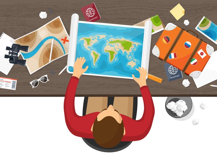 Vector viajes y turismo estilo plano mundo mapa de la tierra y globo viaje viaje de viaje vacaciones de verano viajar