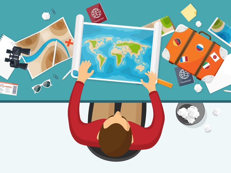 Vector viajes y turismo estilo plano mundo mapa de la tierra y globo viaje viaje de viaje vacaciones de verano viajar