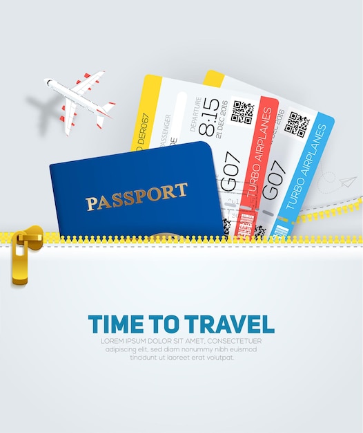 viajes y turismo con pasaporte y boletos en estilo plano desde su bolsillo con cremallera.