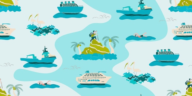 Viajes de vacaciones para niños Mochilero de patrones sin fisuras de ilustración en la colina mira barcos oceánicos en la playa