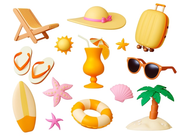 Viajes de verano íconos 3d Render elementos de playa palma realista cóctel gafas de sol chaise salón maleta turística concisas clipart vectorial