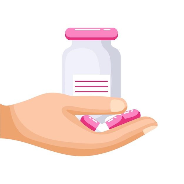 Vector vial médico con pastillas y cápsulas en la mano. ilustración, icono, vector