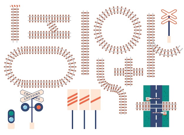 Vías de ferrocarril rectas y curvas, barrera, semáforo e iconos de señales. Transporte ferroviario de líneas curvas, redondas, cruzadas y rectas aisladas sobre fondo blanco. Conjunto de iconos de vector de dibujos animados